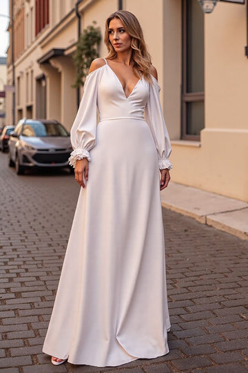 Ivory Simple V Neck Long Sleeves Wedding Dress